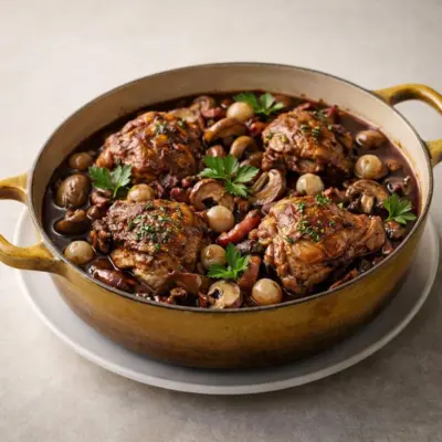 Coq au vin : recette bourguignonne mijotée