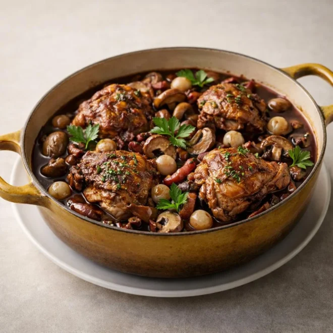 Coq au vin : recette bourguignonne mijotée