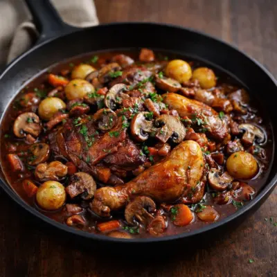 Recette coq au vin maison : viande tendre & sauce liée