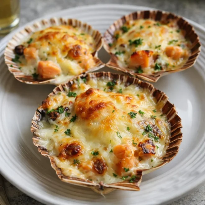 Coquilles de saumon gratinées : crème fromage au four