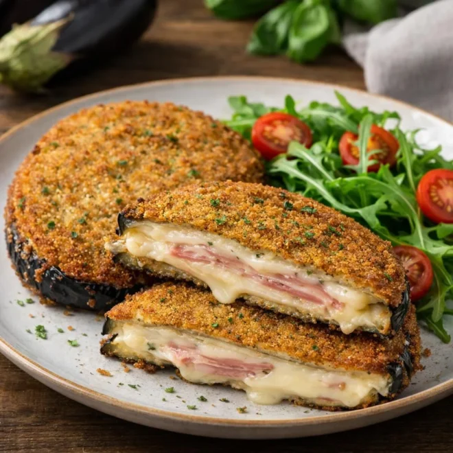 cordon bleu d’aubergine jambon mozzarella, croustillant