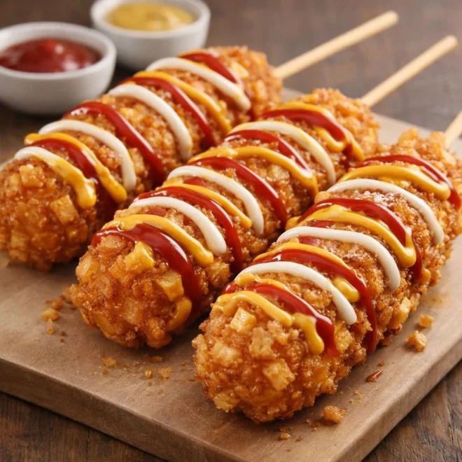 Corn dogs coréens (hot dog pané moelleux, sauce ketchup-moutarde épicée)