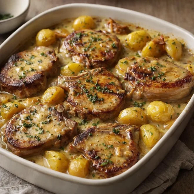 Côtelettes de porc fondantes aux pommes de terre sauce créme