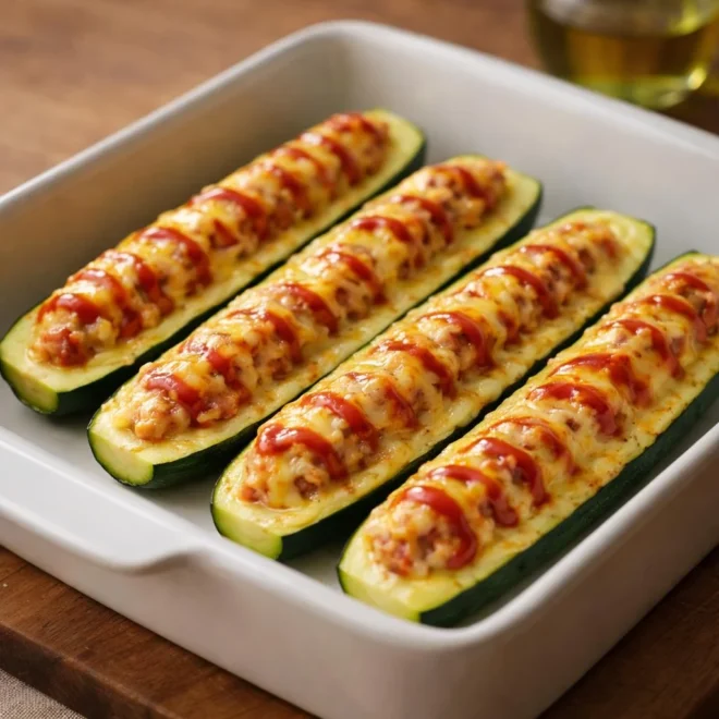 Courgettes farcies au four au cheddar ketchup-moutarde