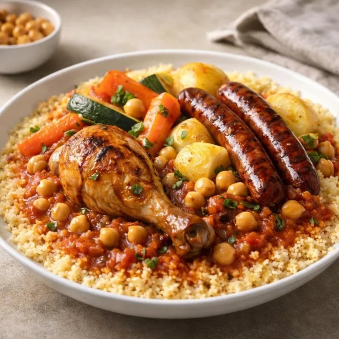 Couscous royal : poulet rôti, merguez & légumes