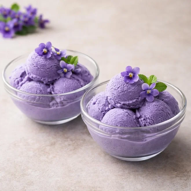 Crème glacée violette maison au sirop de violette