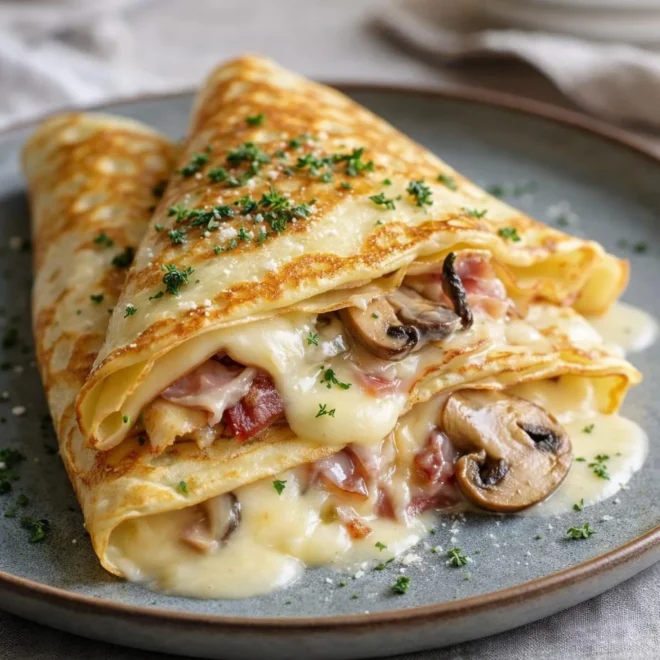 Crêpes au brie champignons jambon : fondantes & gratinées