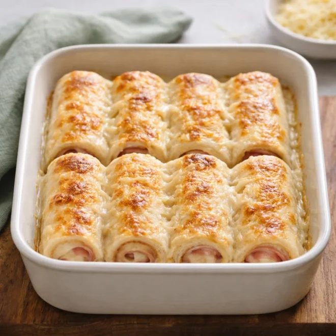 Béchamel crémeuse et croissants au jambon (roulés de pain de mie gratinés au four)