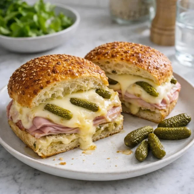 Croque-burger raclette : jambon, cornichons & gratiné