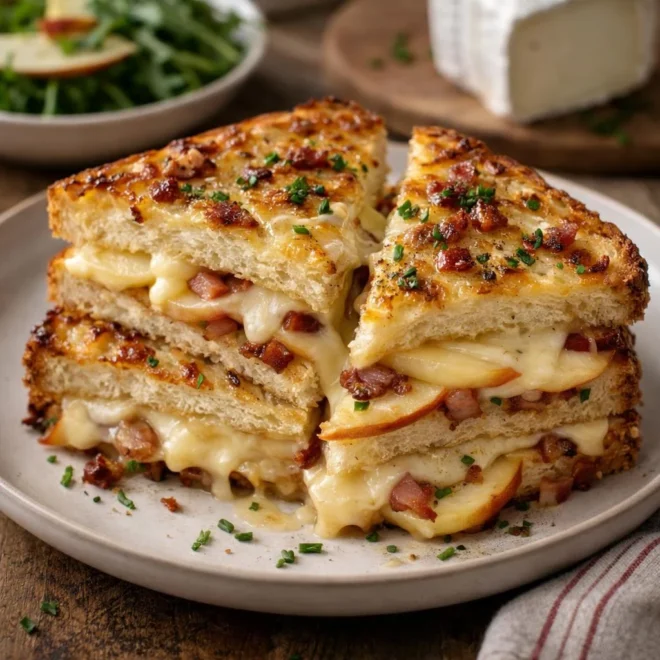 Croque-monsieur au chèvre, pommes et lardons