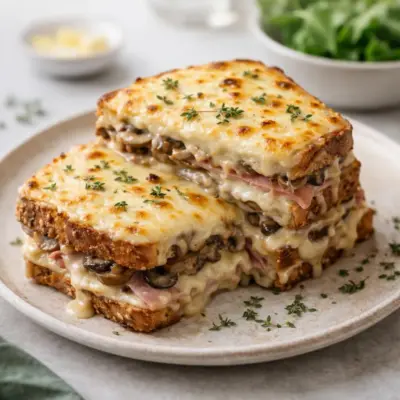 Croque-monsieur gratiné champignons emmental béchamel