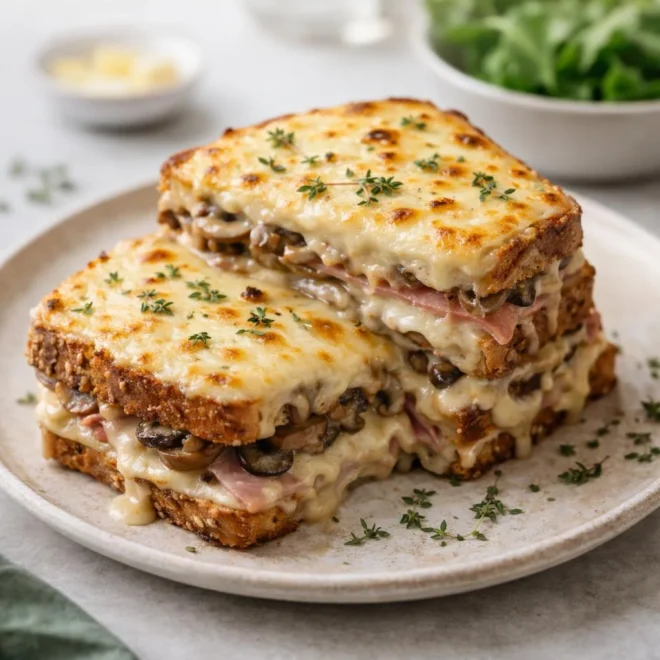 Croque-monsieur gratiné champignons emmental béchamel
