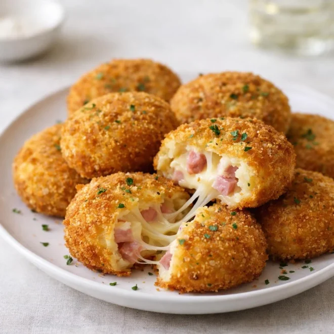 Croquettes de purée au jambon et fromage, panées et dorées au four