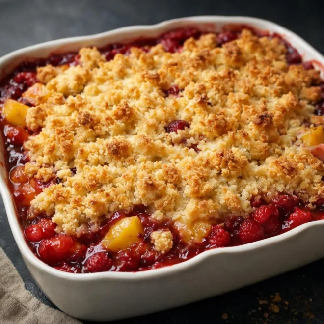 Crumble framboises pêches : croustillant doré aux fruits