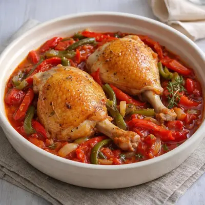 Cuisses de poulet aux poivrons et tomates : mijoté