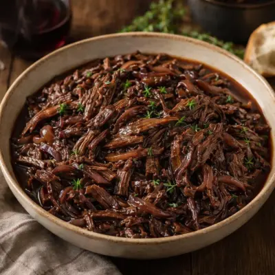 Bœuf effiloché au vin rouge et aux oignons