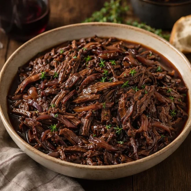Bœuf effiloché au vin rouge et aux oignons