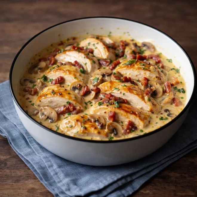 Émincés de poulet à la moutarde, lardons et champignons