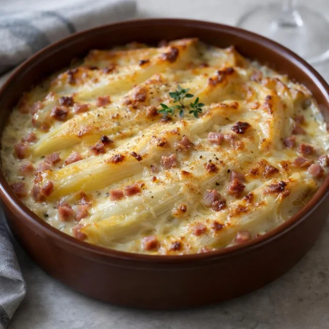 Gratin d’endives au jambon et fromage, fondant