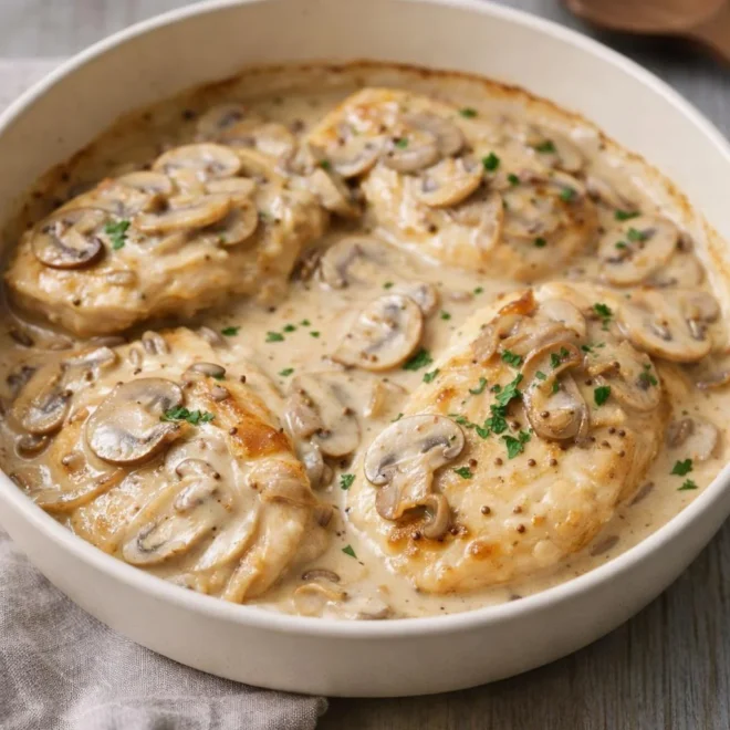 Escalopes de poulet à la moutarde crémeuse aux champignons