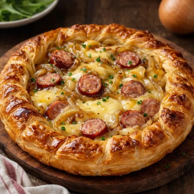 Feuilleté au Munster saucisse fumée oignons