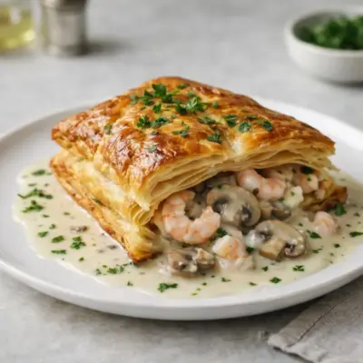 Feuilleté aux crevettes et champignons : crème à l’ail