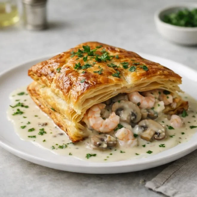 Feuilleté aux crevettes et champignons, sauce crème à l’ail