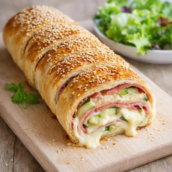 Feuilleté de courgettes mozzarella et jambon au four