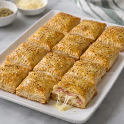 Feuilleté express jambon fromage : mini carrés croustillants