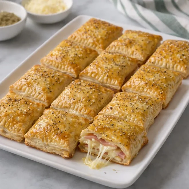 Feuilleté express jambon fromage : mini carrés croustillants