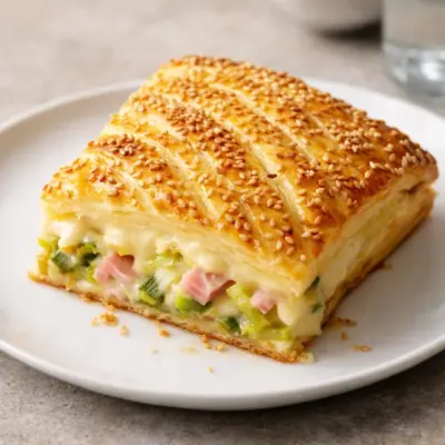 Feuilleté jambon poireaux comté béchamel