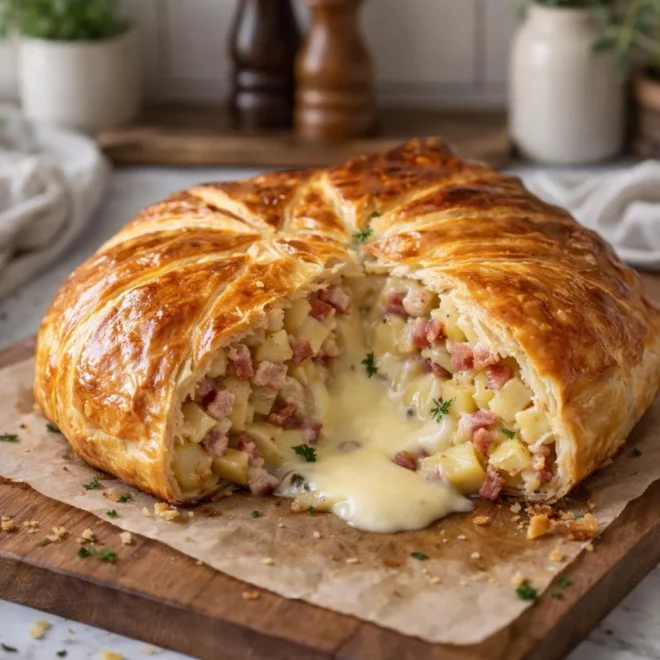 Feuilleté pommes de terre lardons camembert, doré & coulant