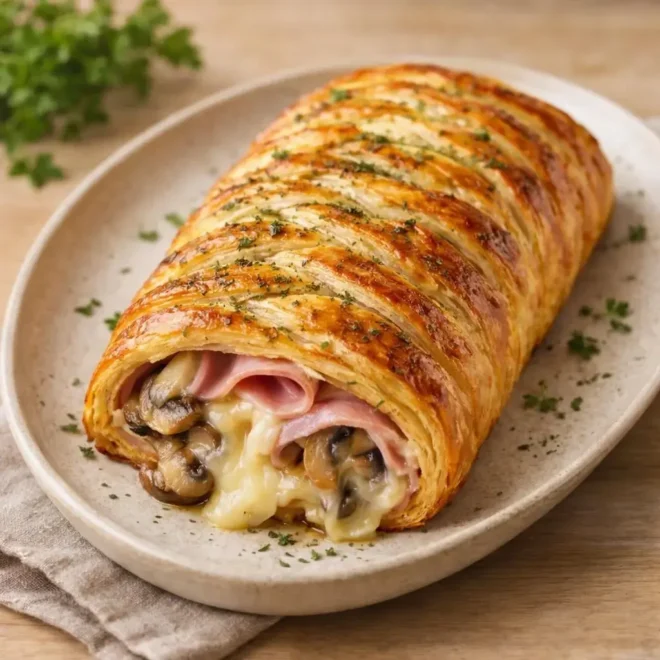 Feuilleté tressé jambon, champignons et fromage