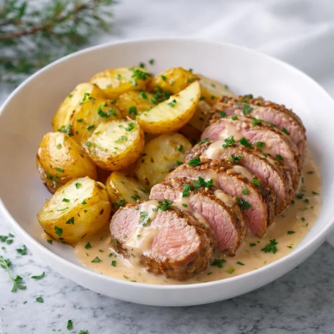 Filet mignon de porc à la crème onctueuse (sauce herbes)