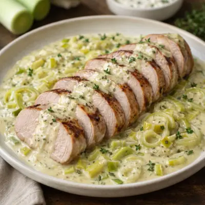 Filet mignon de porc au Boursin et poireaux fondants
