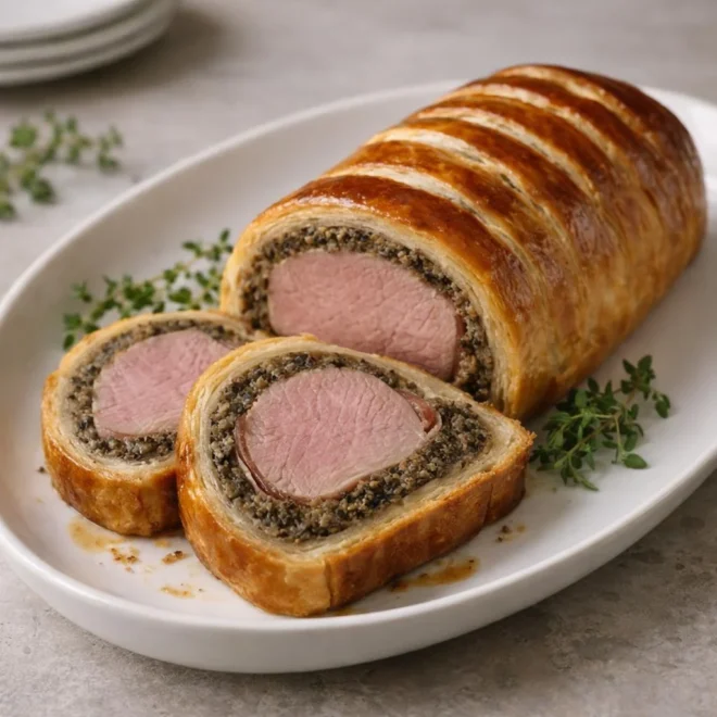 Filet mignon en croûte feuilletée à la moutarde et aux herbes