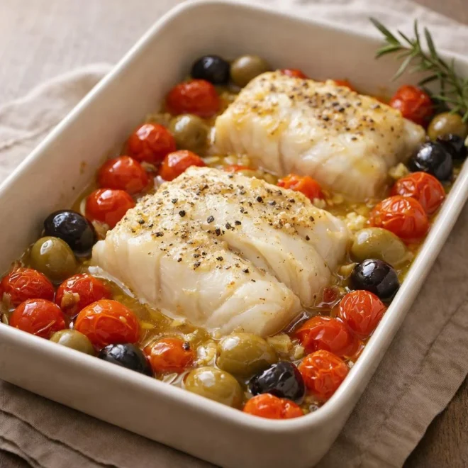 Filets de cabillaud aux tomates cerises et olives