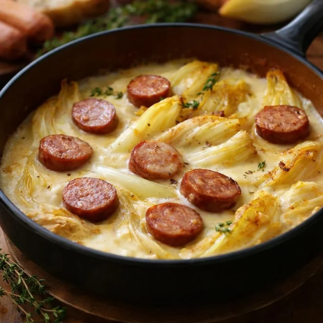 Fondue d’endives aux saucisses fumées à la raclette