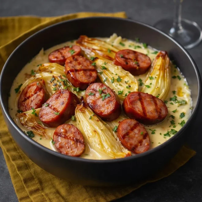 Fondue d’endives aux saucisses fumées : crème au vin blanc