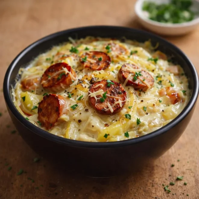 Fondue d’endives aux saucisses fumées : crème au parmesan