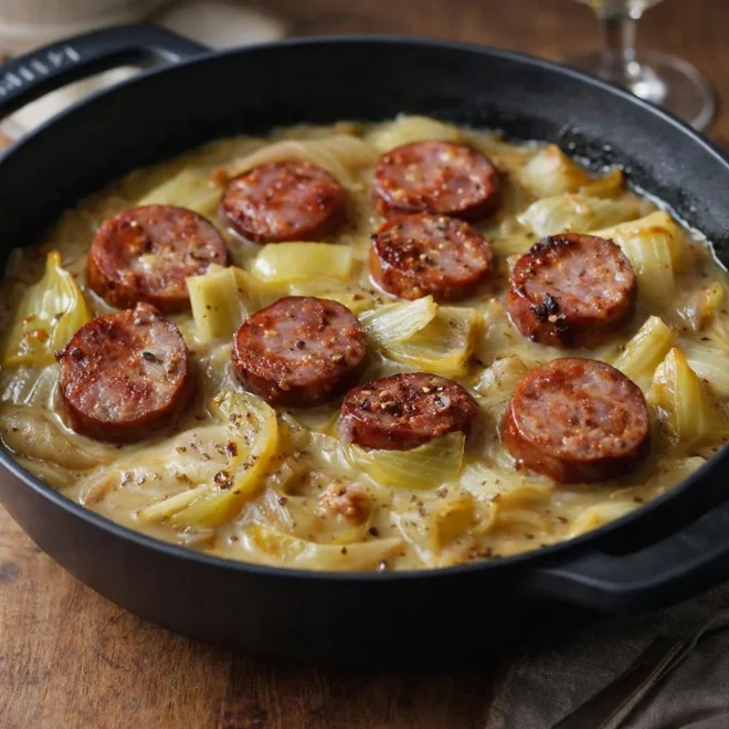 Fondue d’endives aux saucisses fumées façon Montbéliard