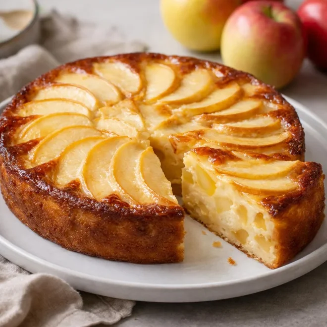 Gâteau aux pommes moelleux crème : tranches dorées