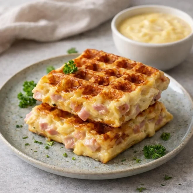 Gaufres salées au jambon et fromage : sauce crémeuse