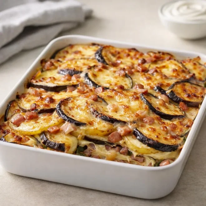 Gratin d’aubergines et pommes de terre au lardons