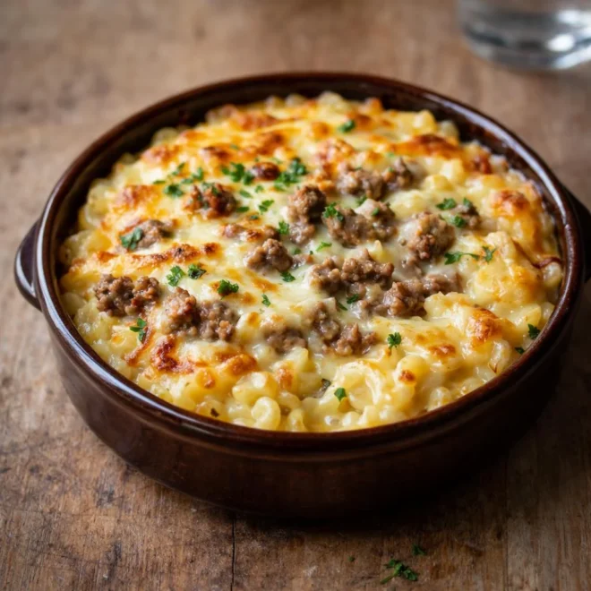 Gratin de coquillettes à la raclette, viande hachée et fromage qui fond