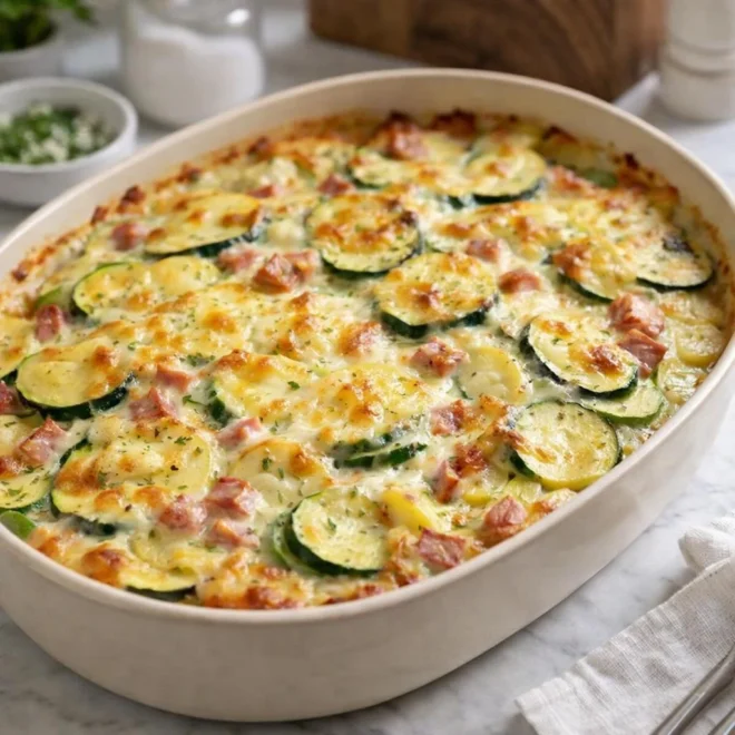 Gratin de courgettes et pommes de terre au jambon
