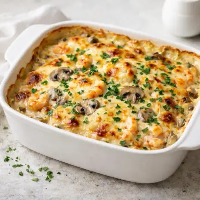 Gratin crémeux crevettes champignons : béchamel légère