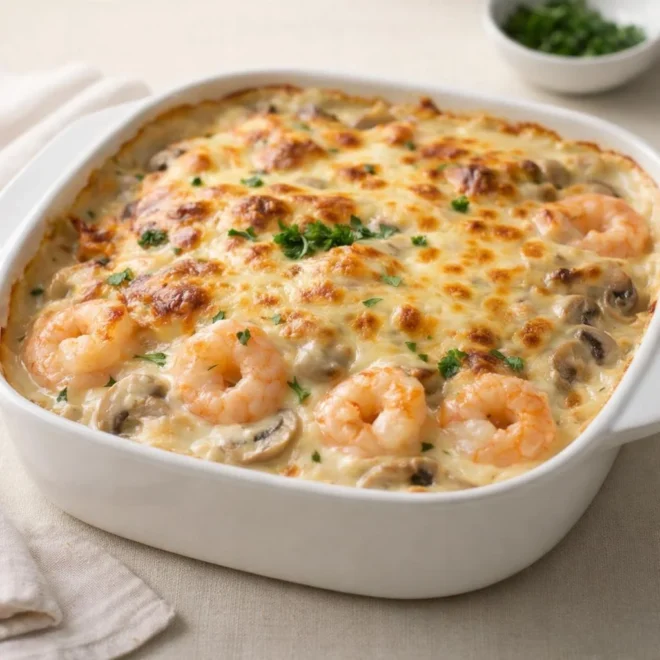Gratin de crevettes et champignons au four