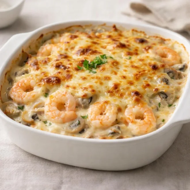 Gratin de crevettes et champignons à la crème