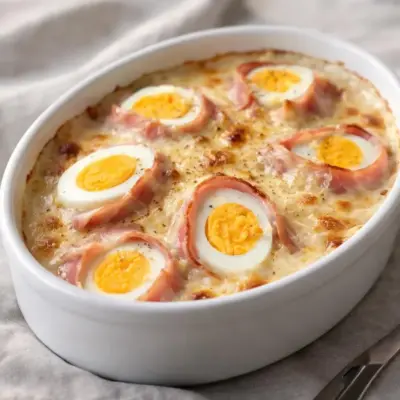 Gratin d’œufs durs au jambon : béchamel fondante
